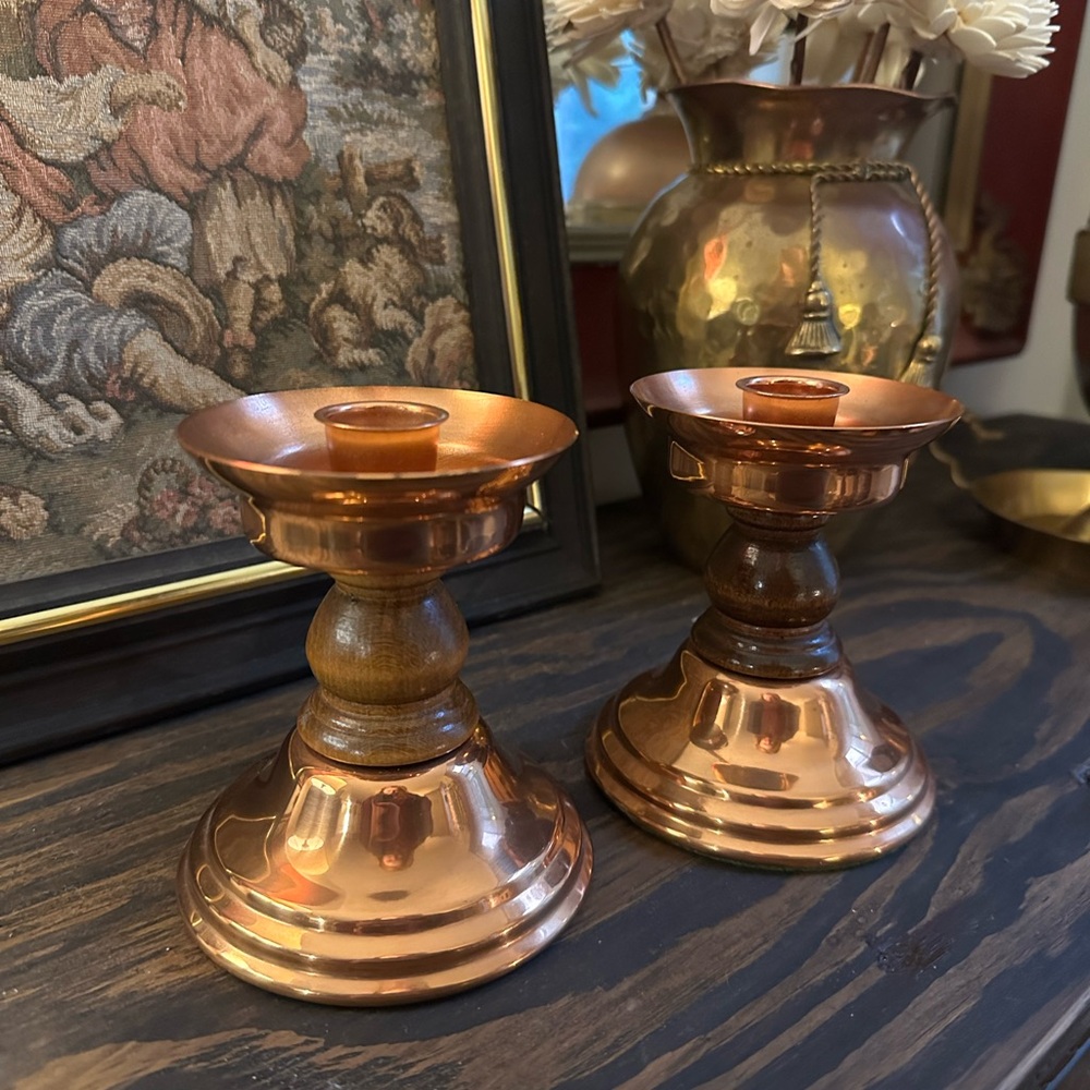 Elegant Vintage Pair of Copper Colored Candlestick Holders